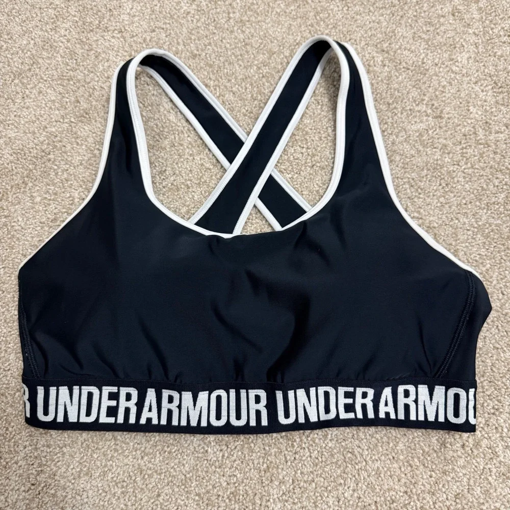Under Armour Mid Crossback Sports Bra Womens XL Black White 1310665 HeatGear